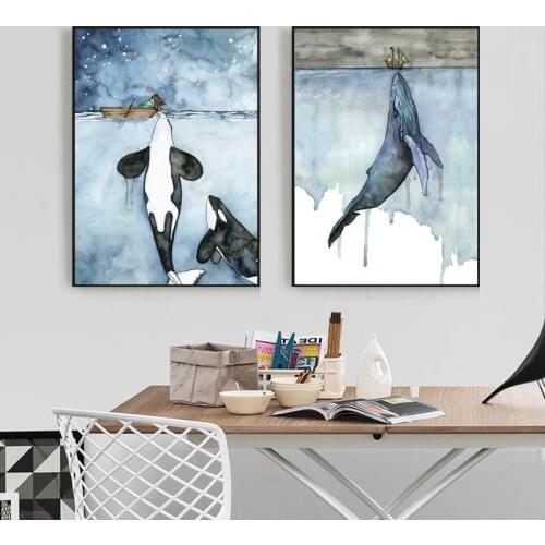 RELIABLI ART Watercolor Painting Whale Seascape Wall Art Picture Poster and Prints Painting Cuadro Artwork for Living Room Decor