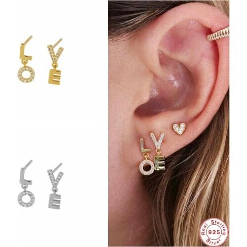 GS 925 Sterling Silver LOVE Letter Mismatched Stud Earrings White CZ Crystal Alphabet Charm Ear Studs Valentines Gift For Her