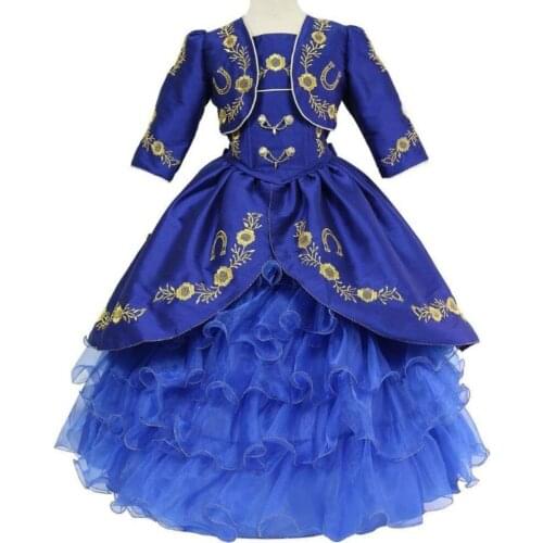 2021 Gold Embroidery Royal Blue Charro Ball Gown Toddler Little Girls Pageant Prom Dresses for Kids Infant Ruffles Satin Corset