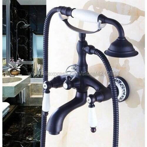 Black Oil Rubbed Bronze Wall Mount Bathtub Bathroom Faucet Telephone Style Mixer Faucet Tap with Dual Handle Handshower Ktf532