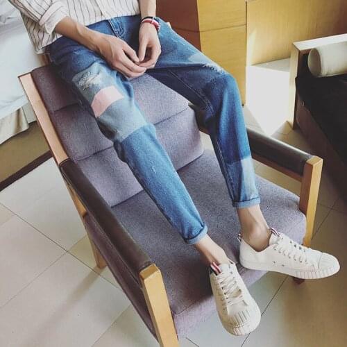 Top quality 2020 spring Summer Casual hip hop street Thin boy ripped hole jeans teenagers joker cowboy feet patch trousers men