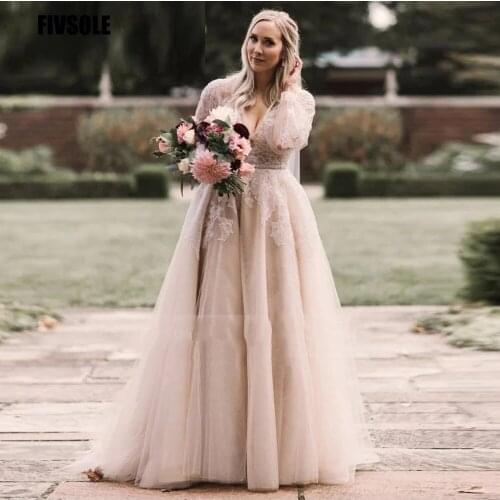 Fvisole Vintage Dusty Color Wedding Dress 2021 Long Sleeves Lace Applique Tulle Bridal Gowns Beach Boho Wedding Gown Plus Size