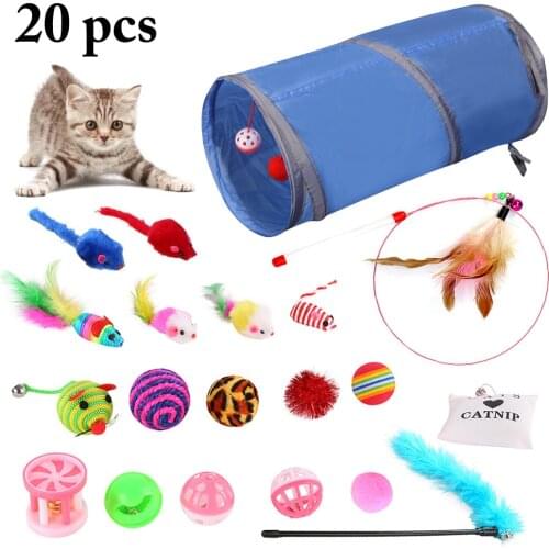 Cat Toy 20Pcs/Set Pet Kit Collapsible Tunnel Cat toy Fun Bell Feather Mice Shape Pet Kitten Dog Cat Interactive Play Supplies