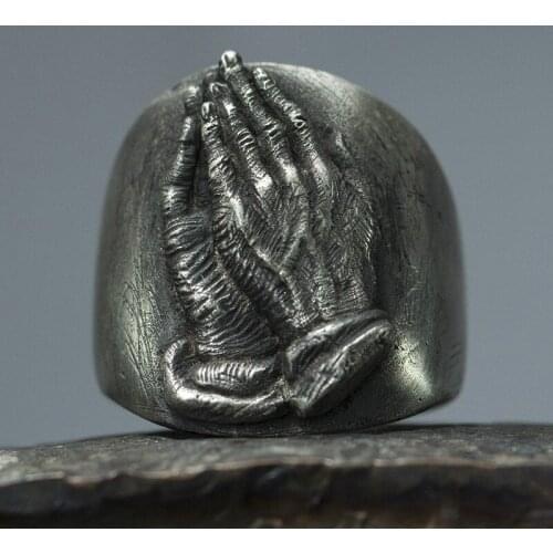 Personality Silver Color Praying Hands Ring for Men Women Wedding Band Anniversary Ring Jesus Cross Ring Lovers Gifts Jewelry