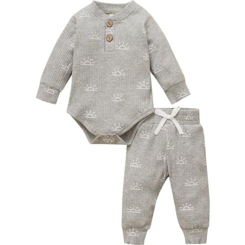 Clothes For Newborns Autumn Baby Clothes Sun Print Henley Neck Long Sleeve Romper Baby Casual Cotton Clothing For Boys Girls Set