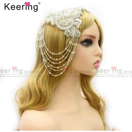 Hot Sale Silver Pearl Tassel rhinestone beads patch for Muslim Head Accessories Or Wedding Patches WDP-323