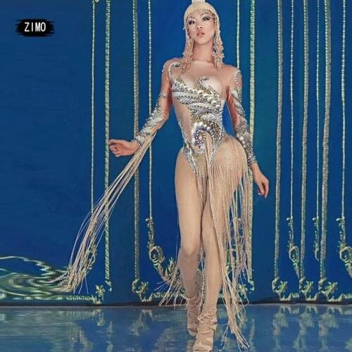 Fashion Women Long Tassel Print Sexy Leotard Stage Performance Dance Costume Stretch Leotard Nightclub Bar Party Show Clothes