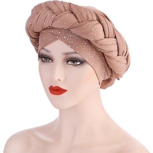 Latest African Headtie Auto Geles Aso Oke Already Made Headtie Shinning Diamond Braid Turbans For Women Head Wrap African Cap