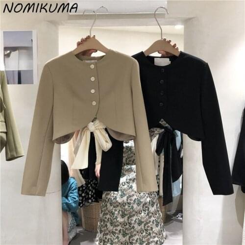 Nomikuma 2021 New Korean Blazer Coat Elegant Bow Tie Short Suit Jacket Causal Long Sleeve O-neck Blazers Feminimos 6Z142