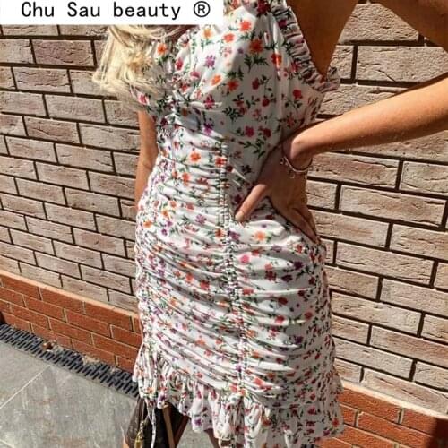 New Fashion Sexy Chic Flroal Print Sling Mini Dress Women Party Evening Ruffles Sleeveless Backless Dresses Female Vestidos