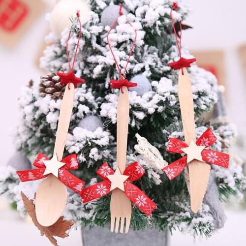 New year 2020 Wooden tableware knife fork spoon pendant Decorate the Christmas party decorations for home Xmas Drop Ornaments