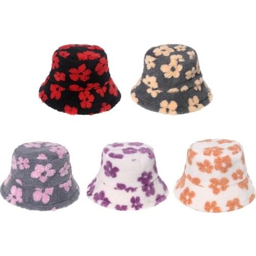 Flower Autumn Winter Lamb Hair Hat Plush Hat Outdoor Trend Fisherman Cap for Women Casual Winter Warm Fluffy Bucket Hats