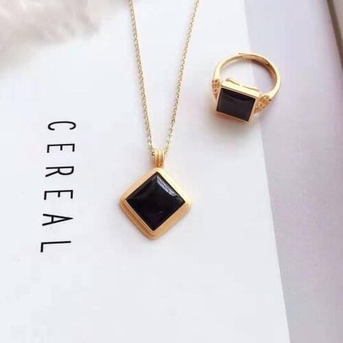 Natural Hetian Dark jade S925 square pendant necklace set simple and elegant jewelry