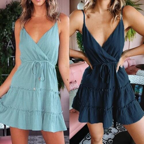 Sexy Ladies Spaghetti Strap Dress Women Fashion Sleeveless Backless Solid Mini Casual Dress