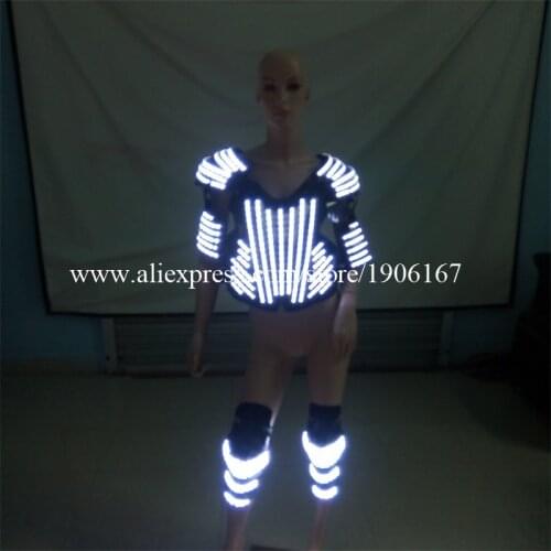LED White Color Light Up Armor And Kneepad Luminous Robot Suit Costumes Dance Wear For Party DJ Stage Performance Clothes