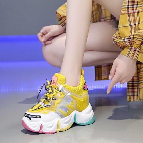 Women Autumn Super High Heels Chunky Sneakers Thick Bottom Height Increasing Casual Shoes Woman Mesh Platform Vulcanize