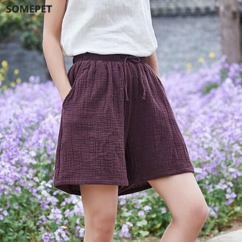 New Style Casual Cotton Linen Women Shorts 2021 Summer New Solid Elastic Waist Women Shorts Wide Leg Shorts