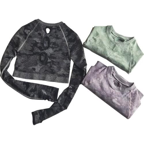 Women Camouflage Yoga Crop Top Seamless Long Sleeve Workout Shirts Cropped Fitness Running Sport T-Shirts Tight Gym Sportswear