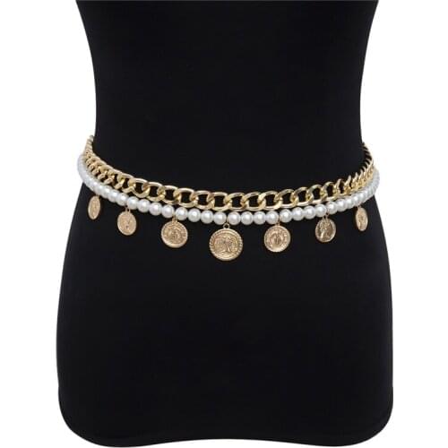 Womens Imitation Pearls Beads Metal Thin Waist Belts Luxury Brand Harajuku Slim Chain Belt Dress Accessories Belly Dance Chain