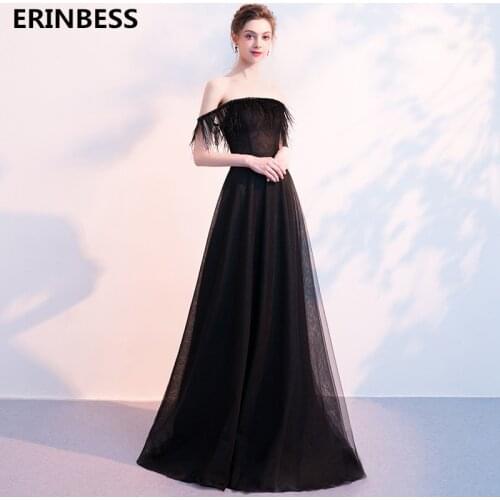 Vestido De Festa Sexy Strapless Evening Dresses Long Dress 2019 Robe De Soiree Black Feathers Lace Evening Dress Elegant Formal