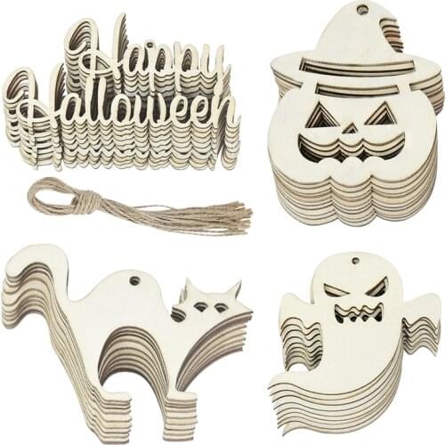 10Pcs Halloween Decor Wooden Pendants Halloween Props Horror Pumpkin Bat Spider Ghost Wood Crafts For Home Wall Hanging Supplies