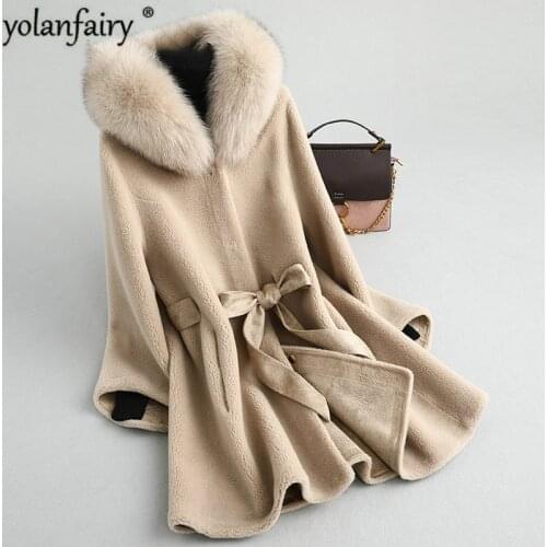 2020 Real Fur Coat Winter Jacket Women Fox Fur Collar Sheep Shearling Fur Jackets 100% Wool Coat Female Suede Leather KQN19026-5