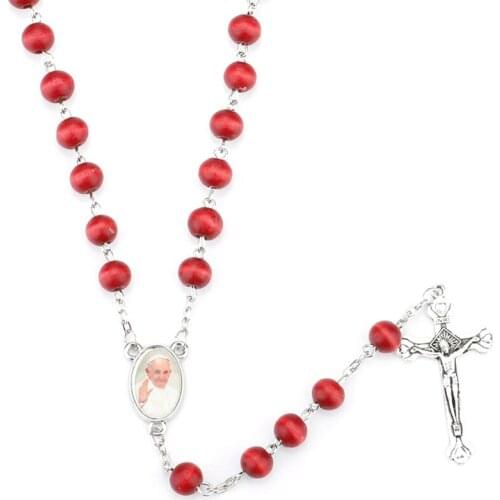 Big Red Wooden Bead Catholic Rosary Necklace Rose Wood Rosary Beads Cross Necklace Catholic Fashion Religious Pendant Jewelry