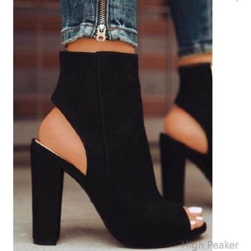 Ankle Boots Faux Suede Leather Casual Open Peep Toe High Heels Zipper Fashion Square Rubber Black Shoes For Women Plus Size 43