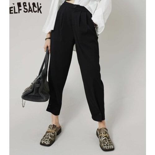ELFSACK Solid Pure High Waist Straight Casual Minimalist Women Pants 2021 Autumn Chic Korean Ladies Daily Basic Trouser
