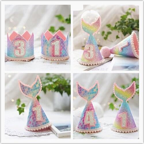 Baby Birthday Rainbow Crown Cap Cute Colorful Number Ages Mermaid Fishtail Princess Headbands Party Decoration Kid Shower Party