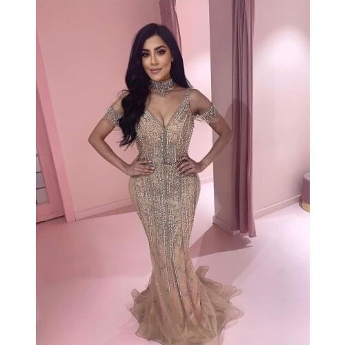 Available Gold Evening Dress Deep V Neck Sexy Sparkly Beading Formal Mermaid Pageant Dresses