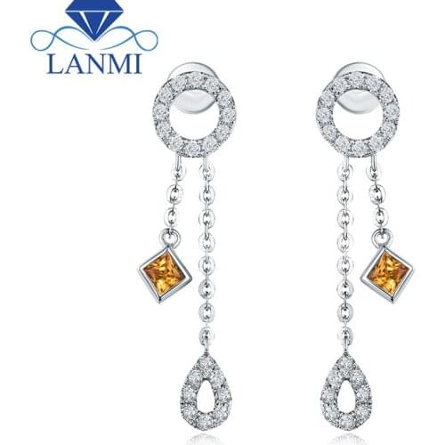 Elegant Design Natural Yellow Sapphire Diamond Drop Earring Real Solid 18K White Gold Good Gem for Wife Christmas Jewelry Gift