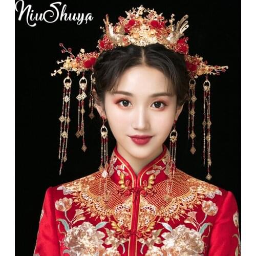 NiuShuya Elegance Chinese Vintage Wedding Bridal Hair Accessory Traditional Gold Color Red Ball Bride Hair Combs Tiaras Hairwear