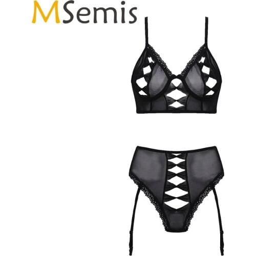 Women Female Hollow Out Sexy Lingerie Set Mesh Lace Trimming Crop Bra Tops with Garters Briefs Underwear Ladies Exotic Costume