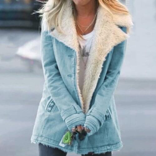 Women Winter Long Sleeve Faux Denim Jacket Vintage Lapel Single Breasted Coat Thicken Warm Plush Lined Loose Outerwear