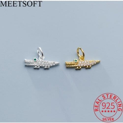 MEETSOFT Genuine 925 Sterling Silver Crocodile Zircon Dangle chic Charms DIY Handmade Jewelry Necklace Deocration Accessories