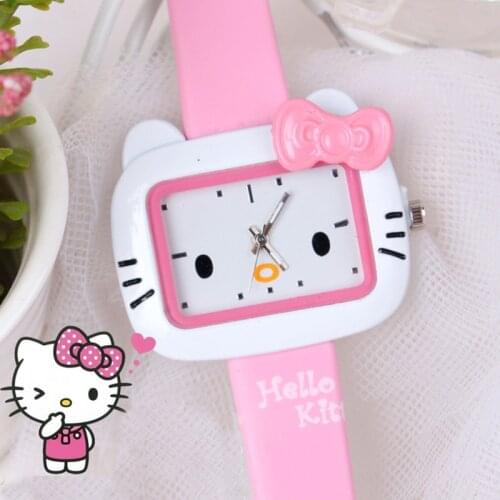 Cute Hello Kitty Cartoon Children Watch KT Cat Jelly Color Pink Leather Strap Children Wristwatches Gifts for Kids Girl