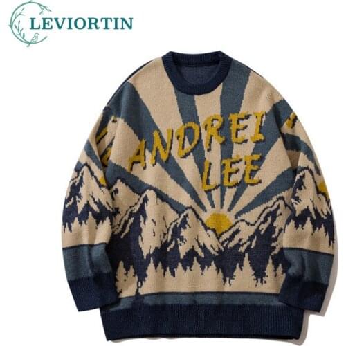 Mens Harajuku Print Mountain Jacquard Sweaters BF Loose Cotton O Neck Kintwear Hip Hop Streetwear Pullover Sweater for Couples