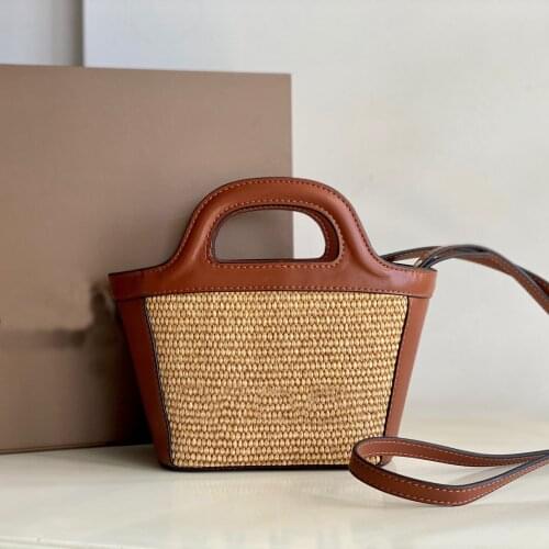 2021 new hand-held tote bag with one shoulder and straddle woven vegetable basket womens bag straw bag Genuine Leather