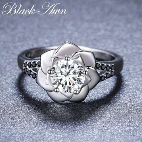 2020 New Flower Romantic 925 Sterling Silver Fine Jewelry Engagement Black Spinel Engagement Ring for Women Anillos Mujer GG073