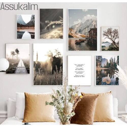 Landscape Prints Mountain Lake Canvas Poster Sunset Wall Painting Reed Art Print Tree Posters Nordic Wall Pictures Home Decor