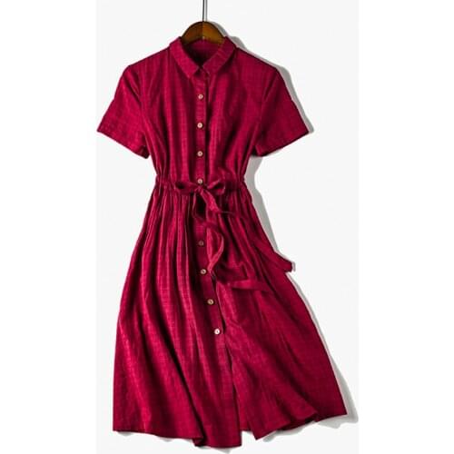 SURUFENG Fashion Vintage Simple Solid Turn-Down Collar Button Knee-Length Loose Waist Shirt Dress Women Plus Size 3XL 6 Color