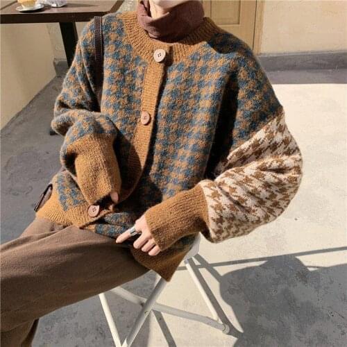 New Oversize Womens Sweaters Autumn Winter sweater Vintage buttons O Neck Cardigans Single Breasted Puff Sleeve Loose Cardigan