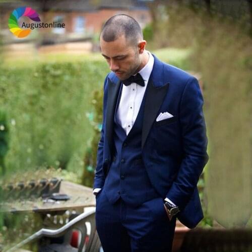Navy Blue Men Suits Wedding Groom Tuxedos Black Peaked Lapel Slim Fit Best Man Blazers 3Piece Jacket Pants Vest