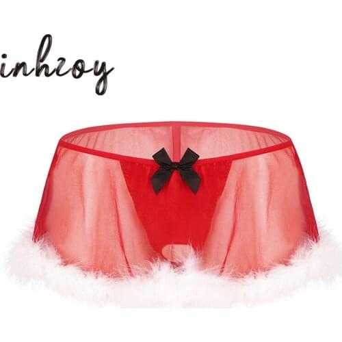 Men Christmas Underwear Sexy G-String Thongs Red Tulle Sheer Lingerie Male Gay Sissy Panties Skirt Festival Rave Xmas Underpants