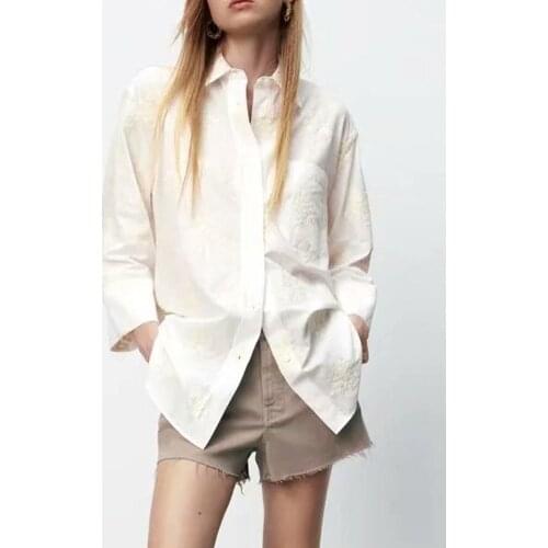 ZA summer new womens clothing all-match casual pocket decoration asymmetrical hem flower embroidered shirt