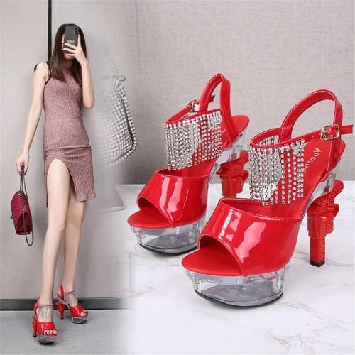 2021 New Sexy Women High Heels Sandals 14 CM Summer Female Transparent Sole Crystal Pumps Big Size 34-43 Gun Heel Wedding Shoes