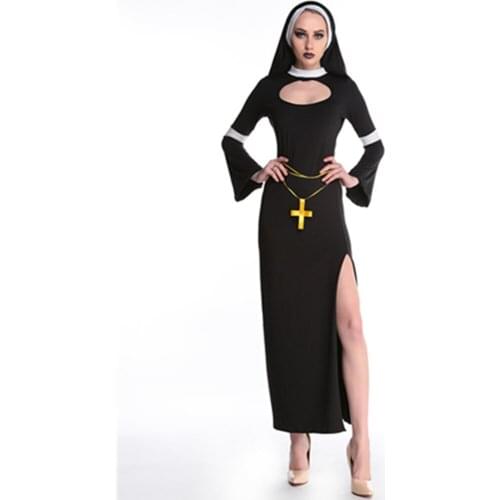 Adult Women Sexy Halloween Nun Costume Female Black Dress Party Sexy Cosplay Priestess Long Nun Costume