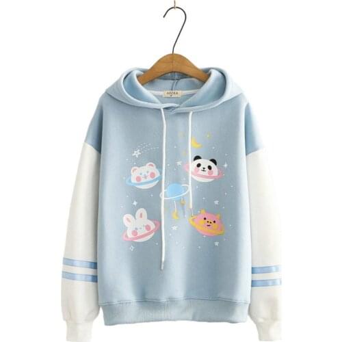 Winter Fleece Warm Sweatshirt Women Preppy Style Girl Hooded Cartoon Print Patchwork Hoodies Sweet Harajuku Pullover 2010922