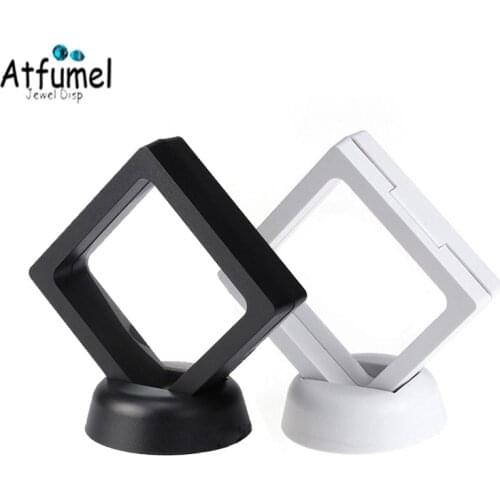 Black White PET Suspended Floating Frame Box Plastic 3D Earring Coins Gem Ring Diamond Jewelry Exhibition Stand Holder Box 10Pcs